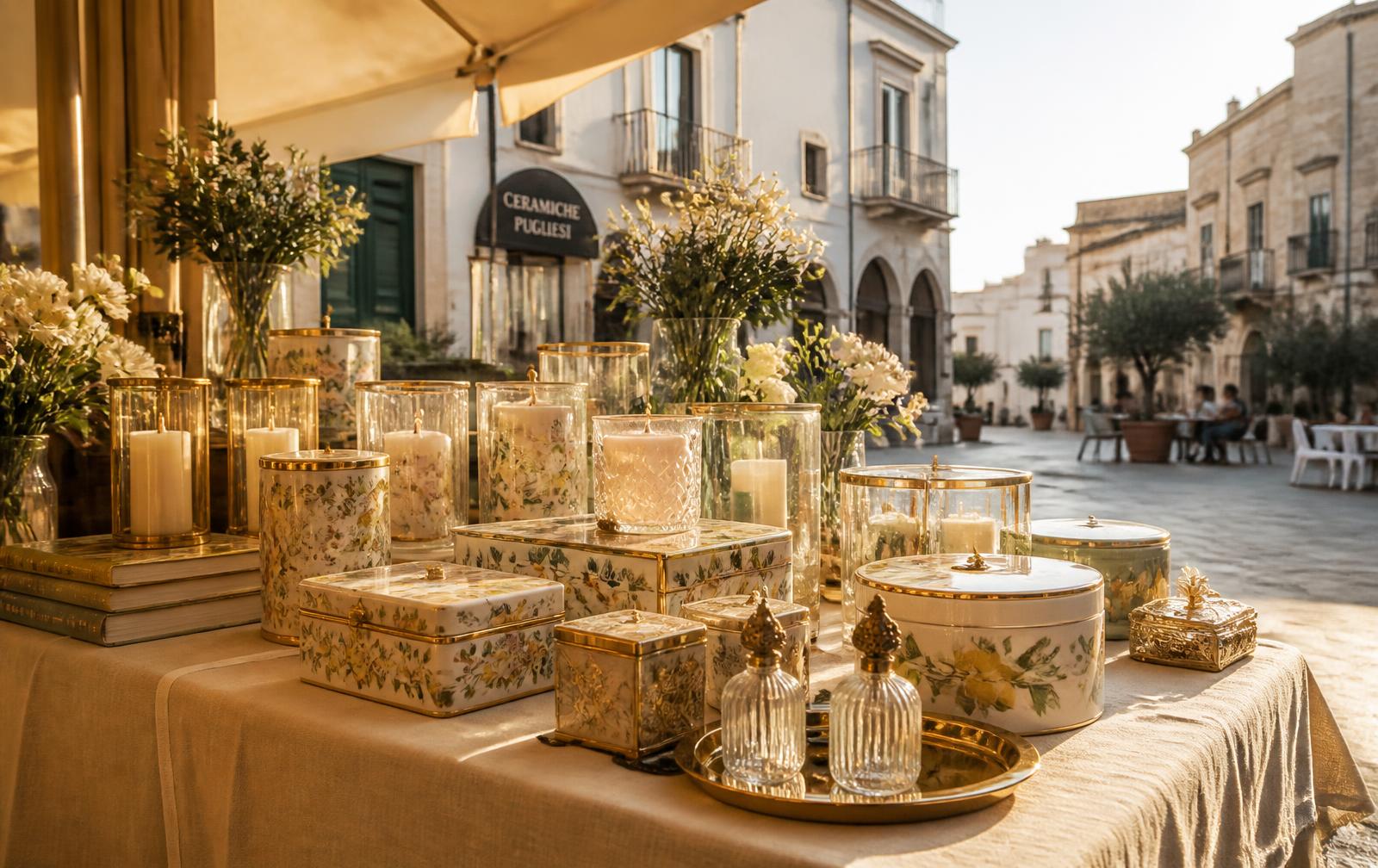 Banco di articoli da regalo curato in una piazza del Salento
